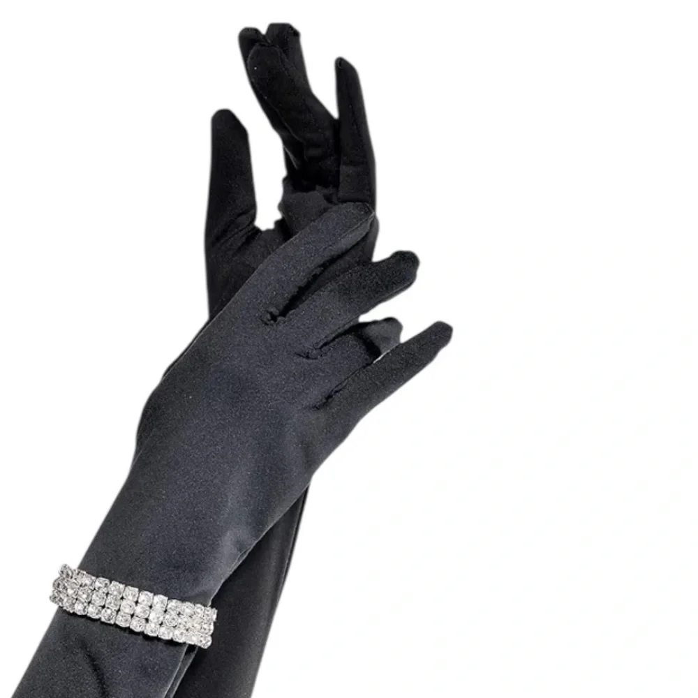 Elegant Long Black Satin Gloves w/Rhinestones stretchy Rhinestone Bracelet Prom